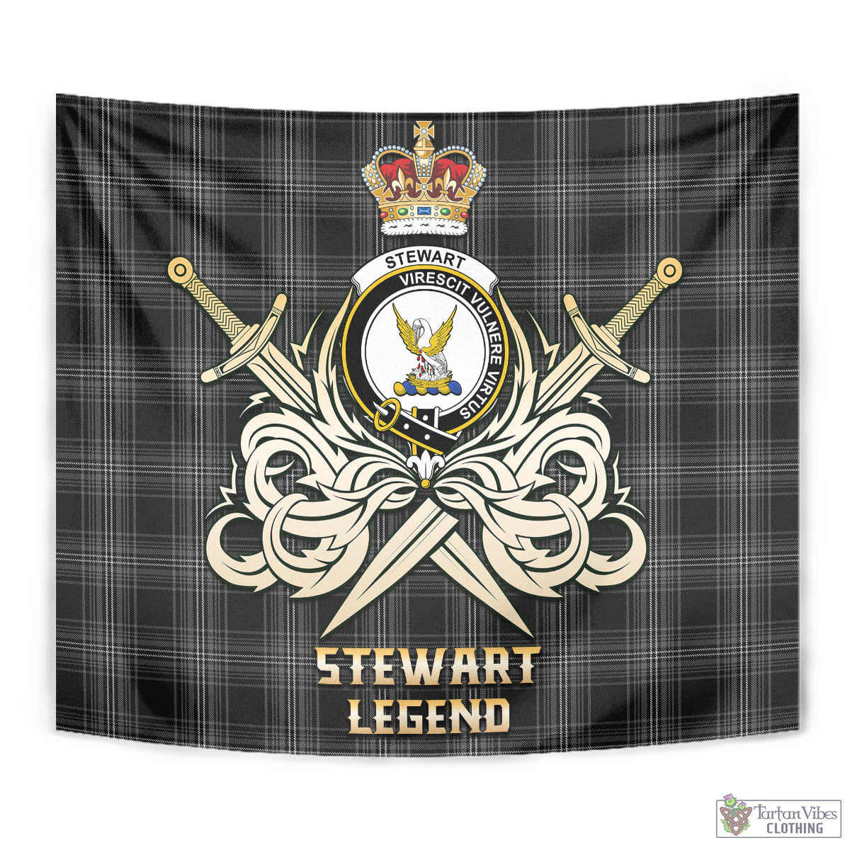 Tartan Vibes Clothing Stewart Mourning Tartan Tapestry with Clan Crest and the Golden Sword of Courageous Legacy