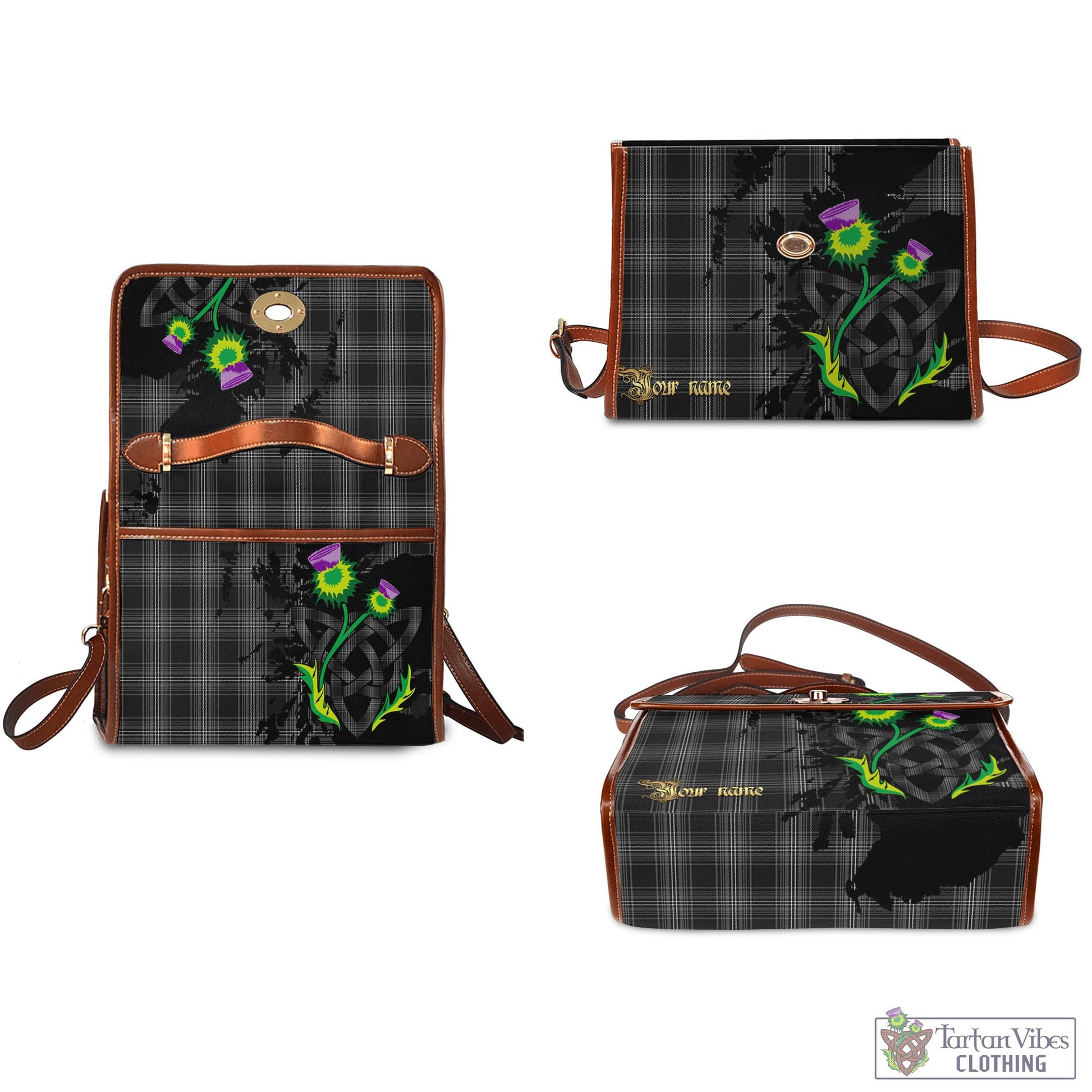 Tartan Vibes Clothing Stewart Mourning Tartan Waterproof Canvas Bag with Scotland Map and Thistle Celtic Accents