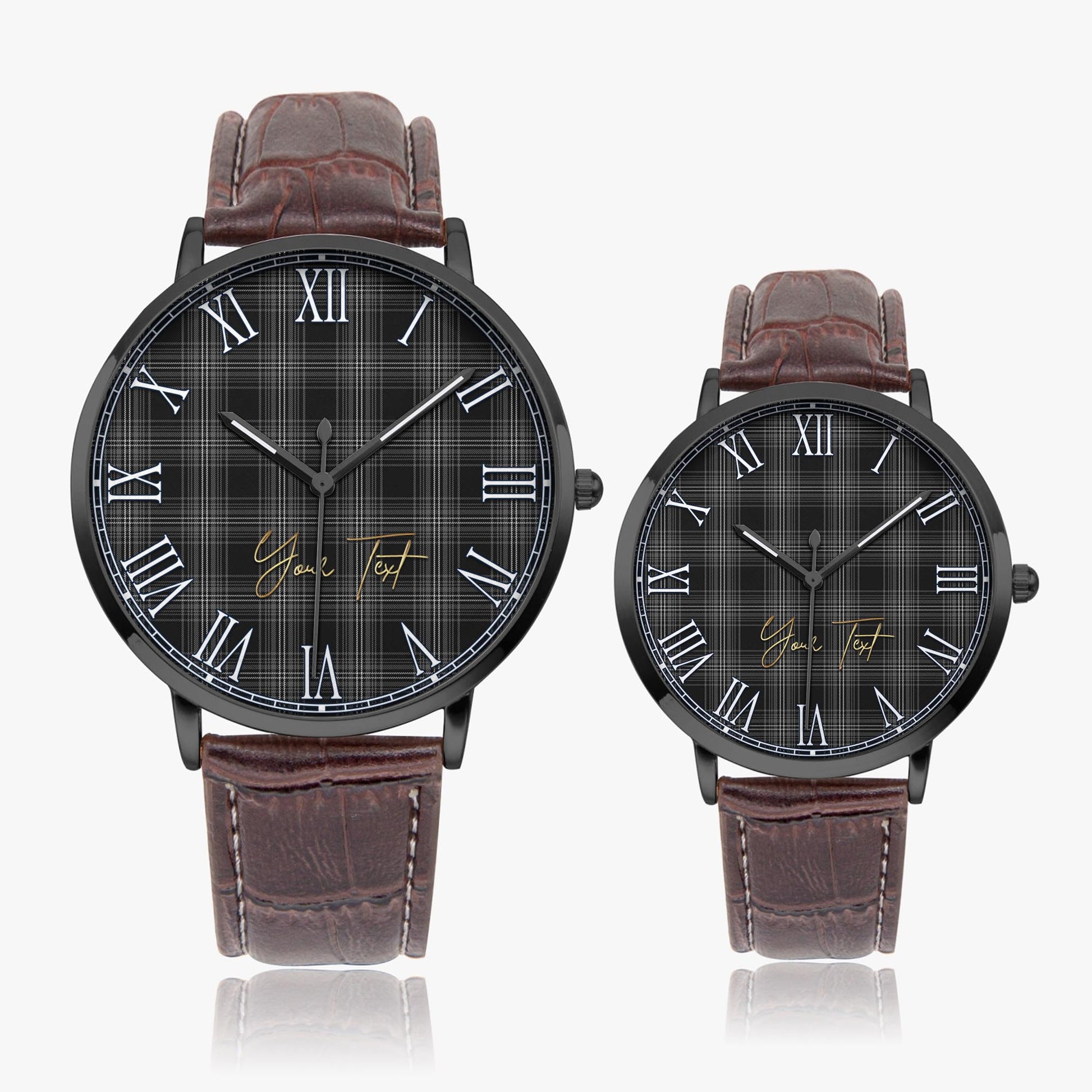 Stewart Mourning Tartan Personalized Your Text Leather Trap Quartz Watch Ultra Thin Black Case With Brown Leather Strap - Tartanvibesclothing Shop