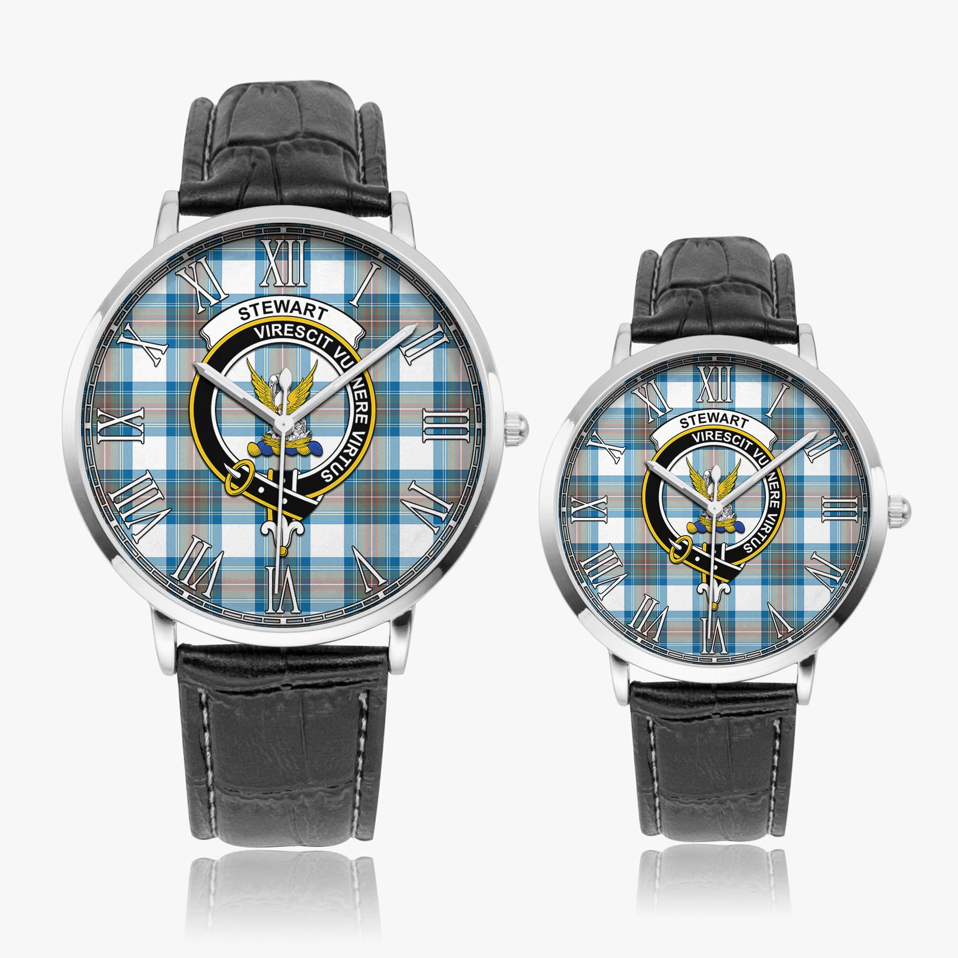 Stewart Muted Blue Tartan Family Crest Leather Strap Quartz Watch - Tartanvibesclothing