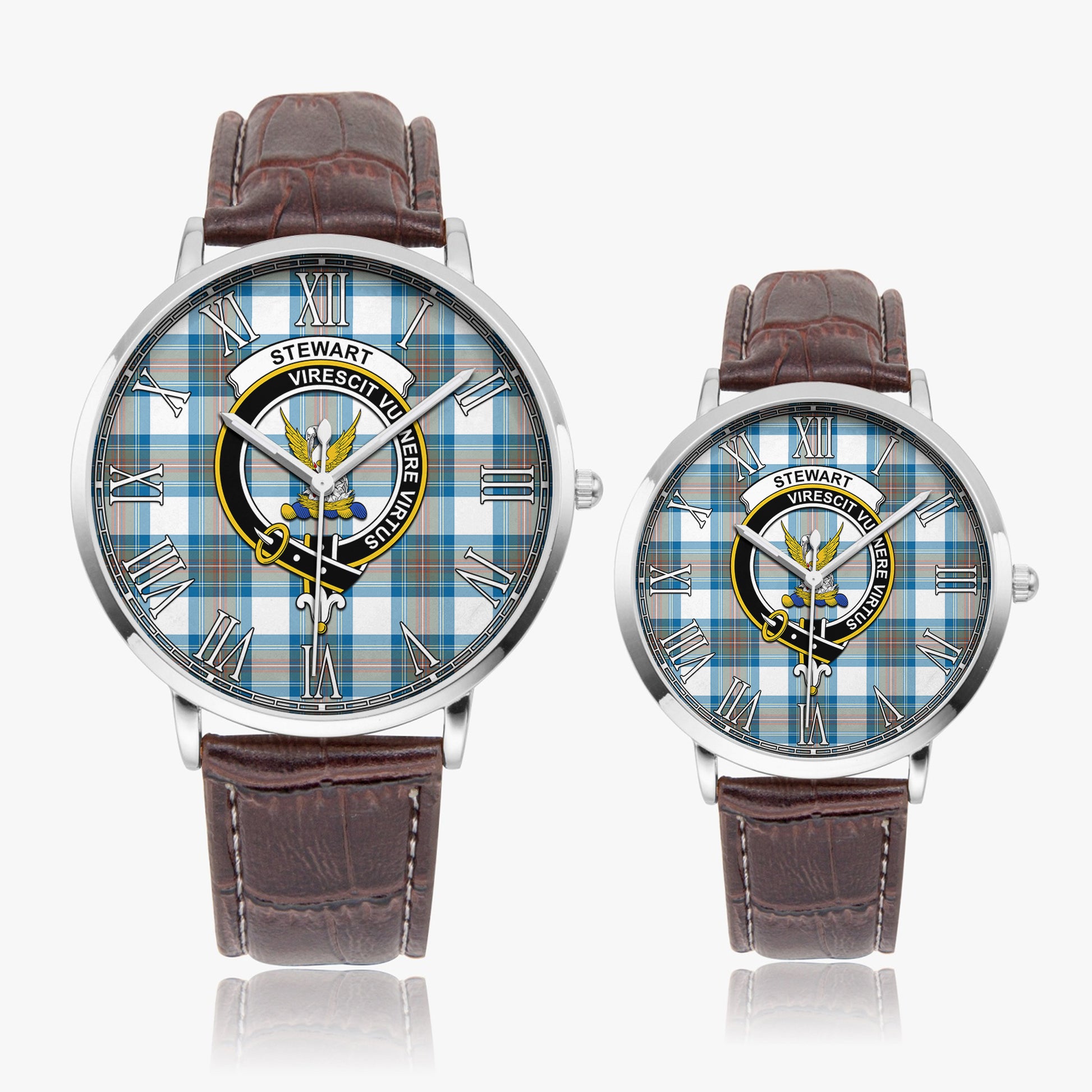 Stewart Muted Blue Tartan Family Crest Leather Strap Quartz Watch - Tartanvibesclothing