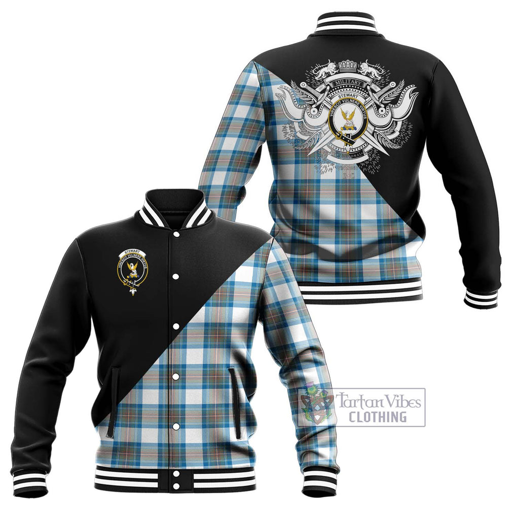 Stewart Muted Blue Tartan Baseball Jacket with Family Crest and Military Logo Style Unisex - Tartanvibesclothing Shop