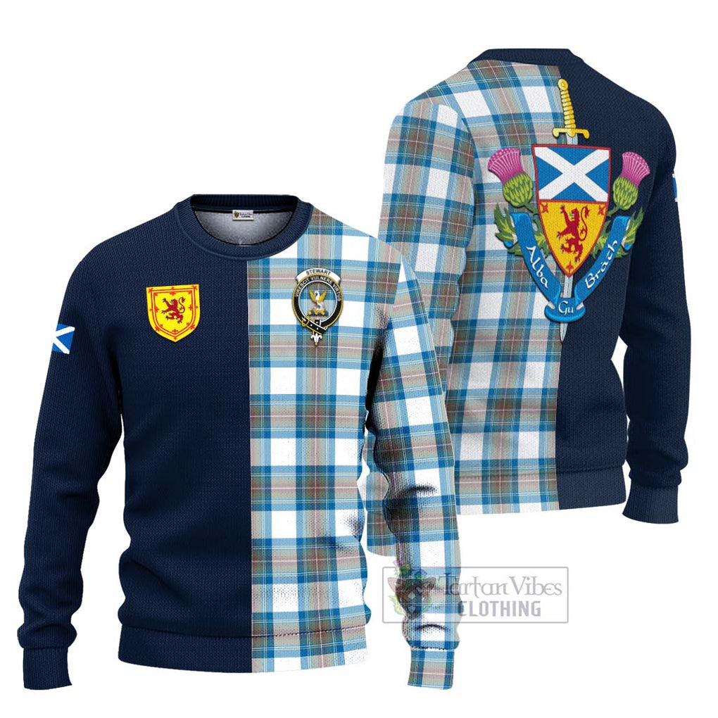 Tartan Vibes Clothing Stewart Muted Blue Tartan Knitted Sweater with Scottish Lion Royal Arm Half Style