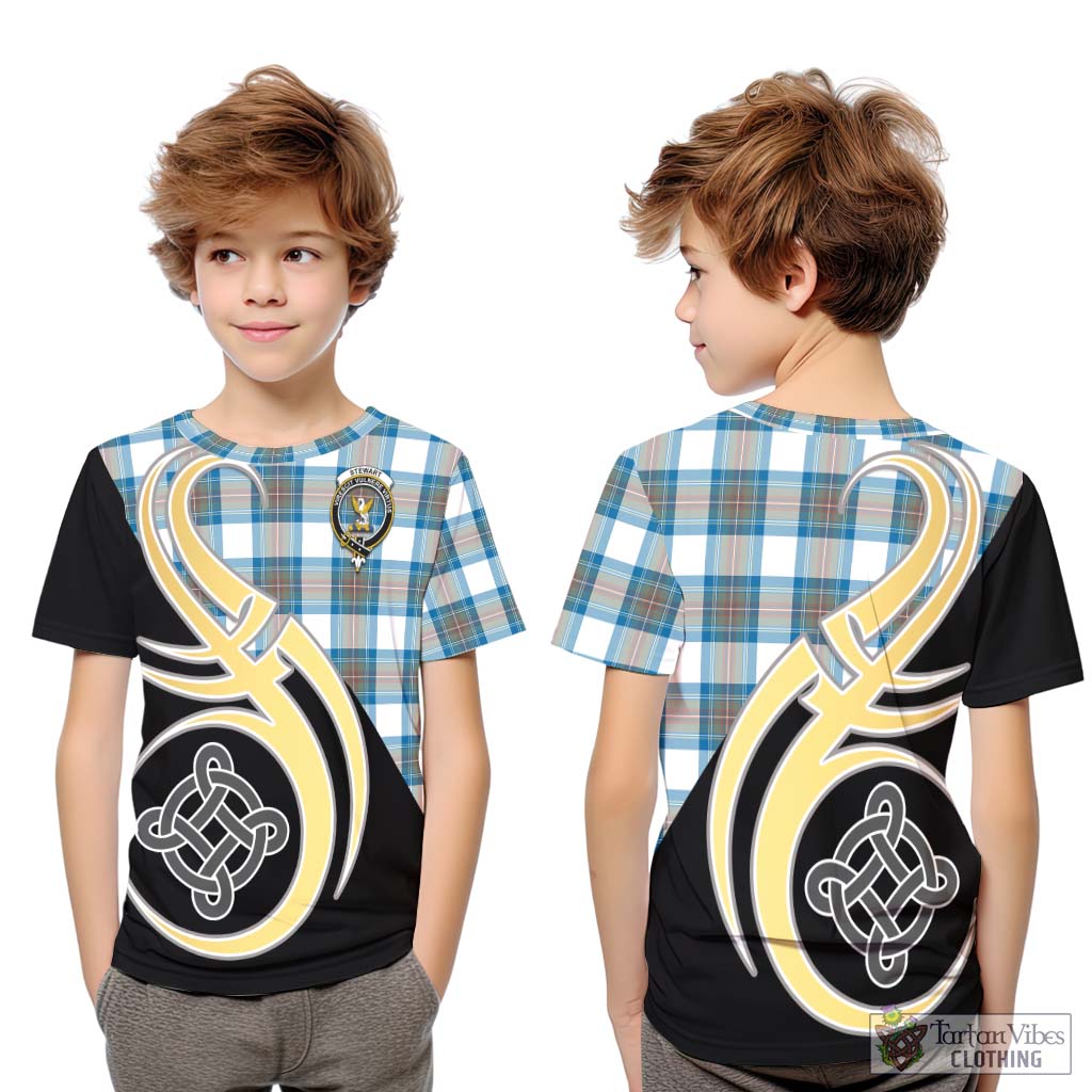 Stewart Muted Blue Tartan Kid T-Shirt with Family Crest and Celtic Symbol Style Youth XL Size14 - Tartan Vibes Clothing