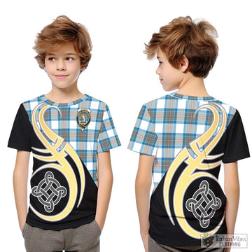 Stewart Muted Blue Tartan Kid T-Shirt with Family Crest and Celtic Symbol Style