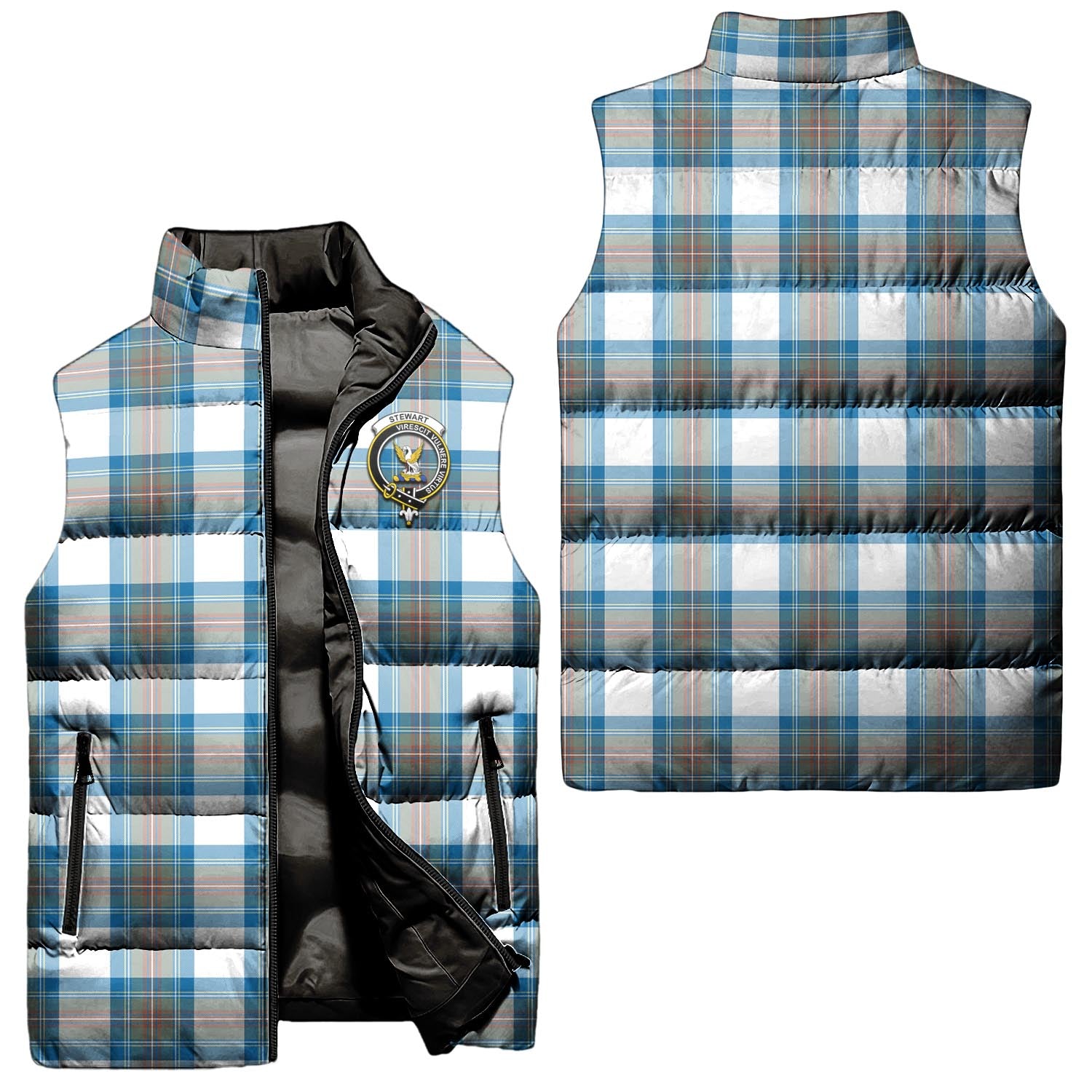 Stewart Muted Blue Tartan Sleeveless Puffer Jacket with Family Crest Unisex - Tartanvibesclothing