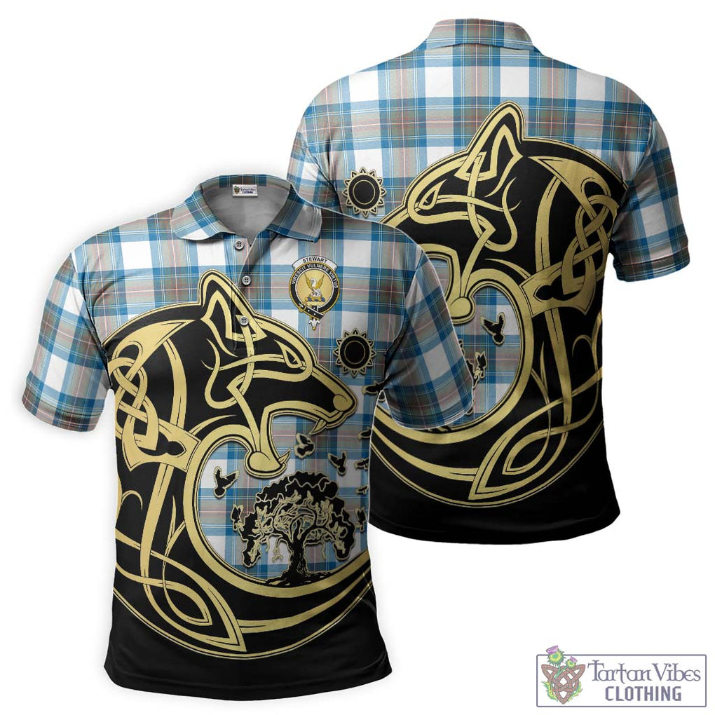 Stewart Muted Blue Tartan Polo Shirt with Family Crest Celtic Wolf Style Kid - Tartanvibesclothing Shop