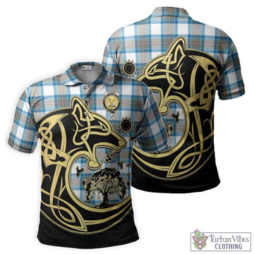 Stewart Muted Blue Tartan Polo Shirt with Family Crest Celtic Wolf Style