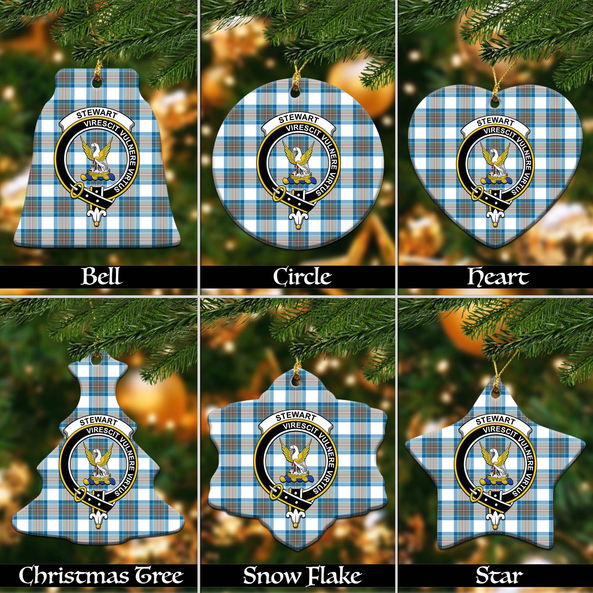 Stewart Muted Blue Tartan Christmas Ornaments with Family Crest - Tartanvibesclothing