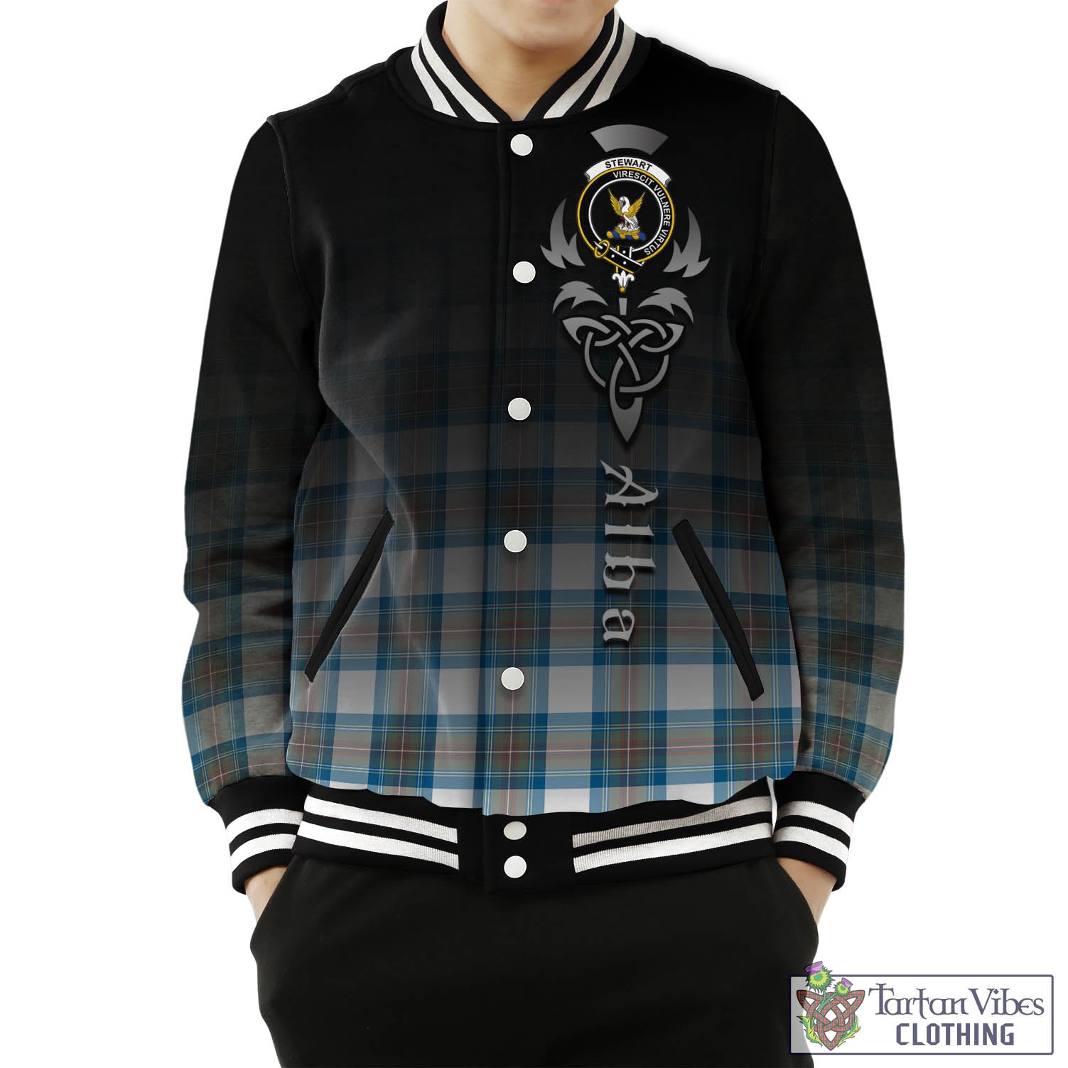 Tartan Vibes Clothing Stewart Muted Blue Tartan Baseball Jacket Featuring Alba Gu Brath Family Crest Celtic Inspired