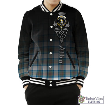 Stewart Muted Blue Tartan Baseball Jacket Featuring Alba Gu Brath Family Crest Celtic Inspired