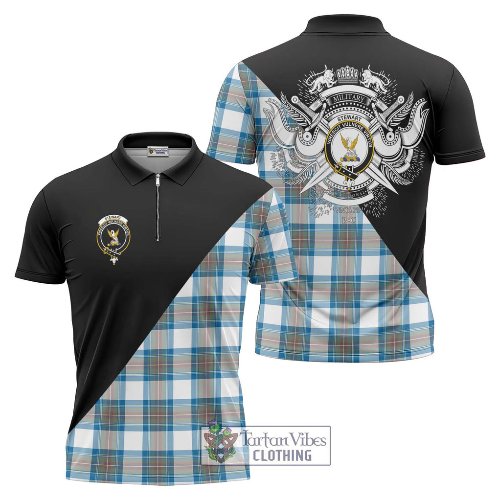 Stewart Muted Blue Tartan Zipper Polo Shirt with Family Crest and Military Logo Style Unisex - Tartanvibesclothing Shop