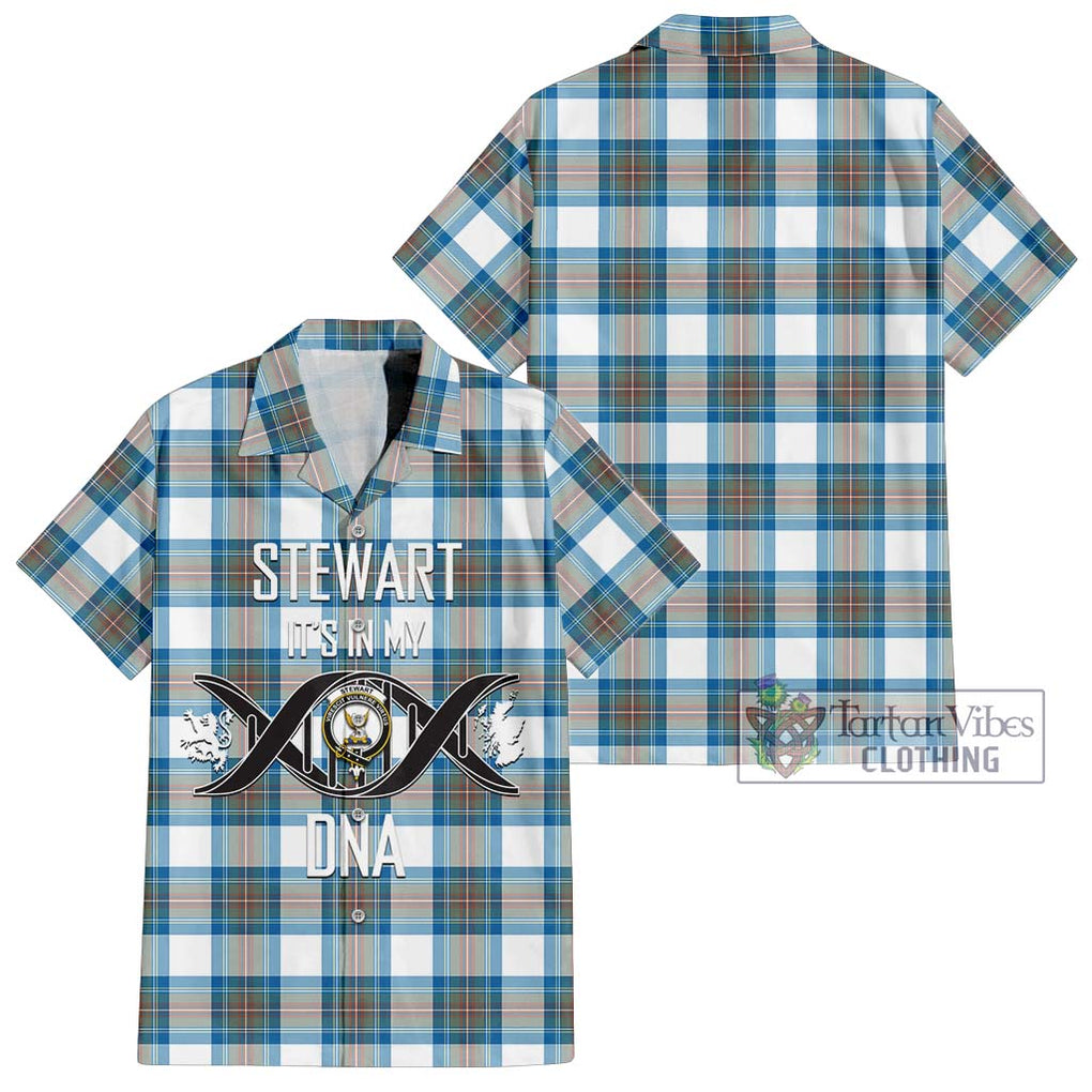 Stewart Muted Blue Tartan Short Sleeve Button Shirt with Family Crest DNA In Me Style Kid - Tartanvibesclothing Shop