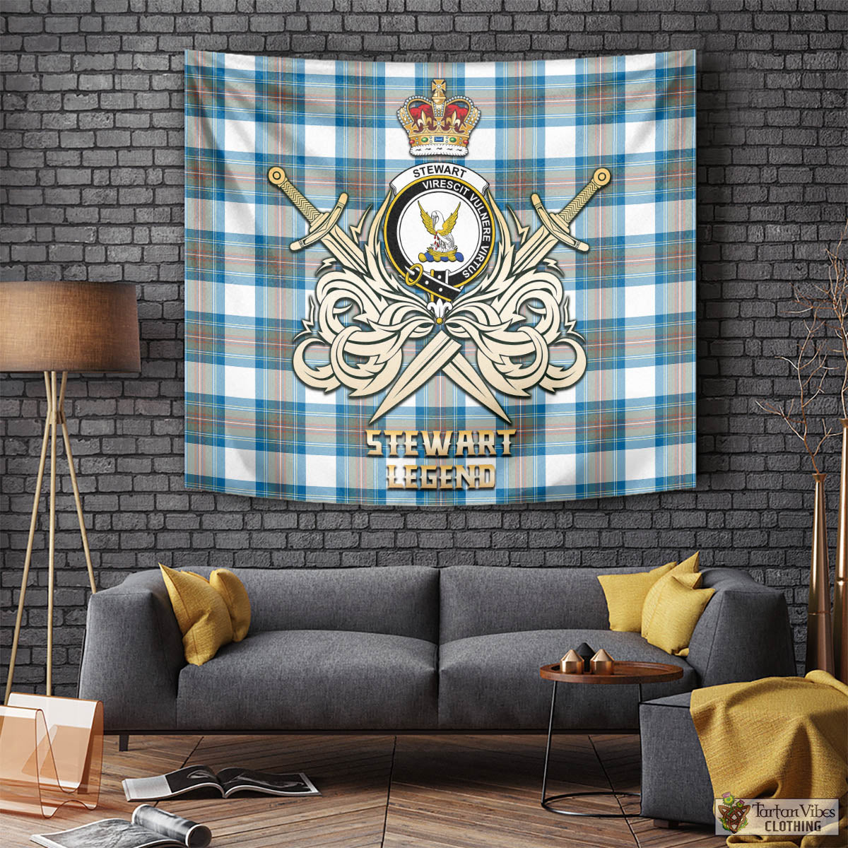 Tartan Vibes Clothing Stewart Muted Blue Tartan Tapestry with Clan Crest and the Golden Sword of Courageous Legacy