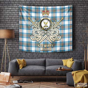 Stewart Muted Blue Tartan Tapestry with Clan Crest and the Golden Sword of Courageous Legacy