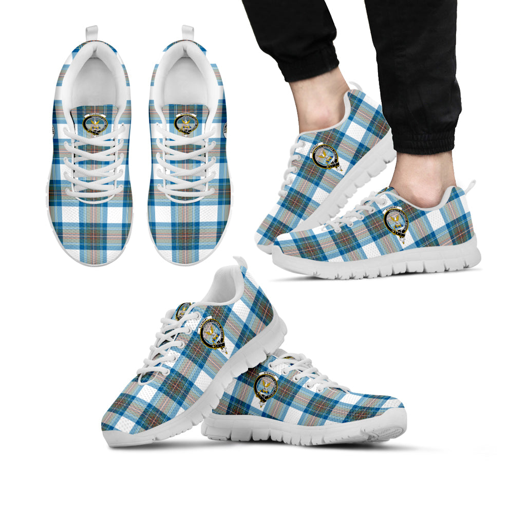 Stewart Muted Blue Tartan Sneakers with Family Crest Kid's Sneakers - Tartan Vibes Clothing