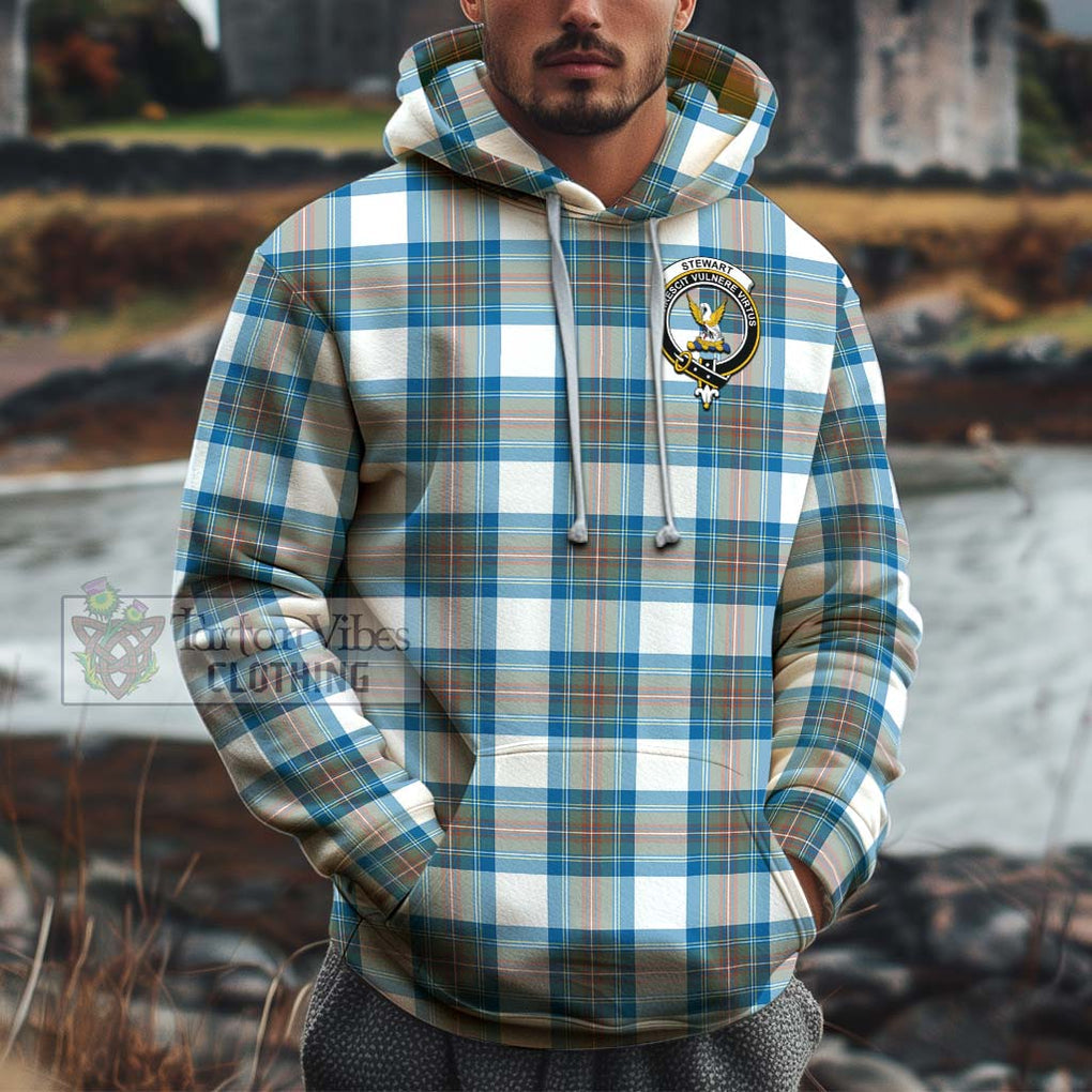 Stewart Muted Blue Tartan Cotton Hoodie with Family Crest Pullover Hoodie XS - Tartan Vibes Clothing