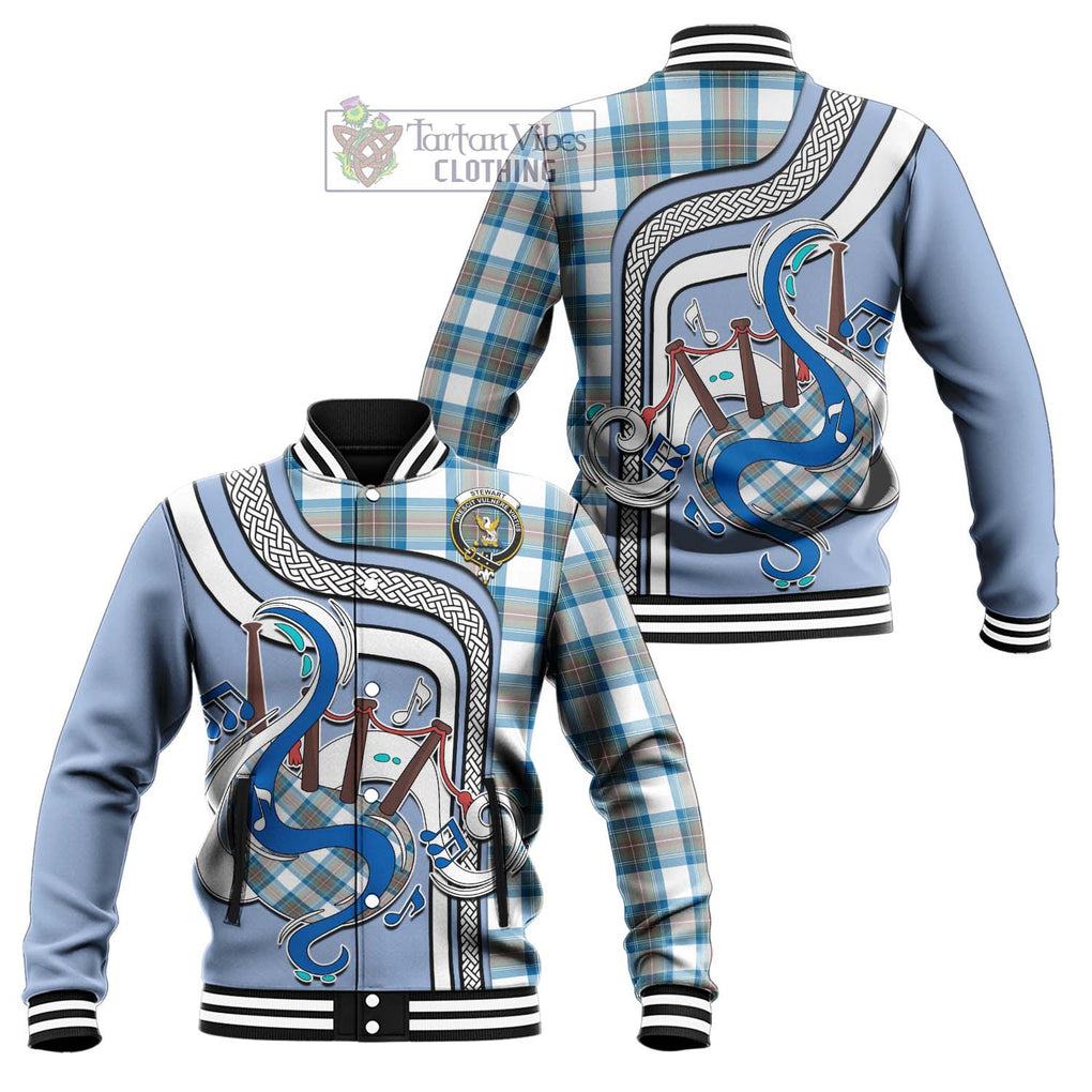 Tartan Vibes Clothing Stewart Muted Blue Tartan Baseball Jacket with Epic Bagpipe Style