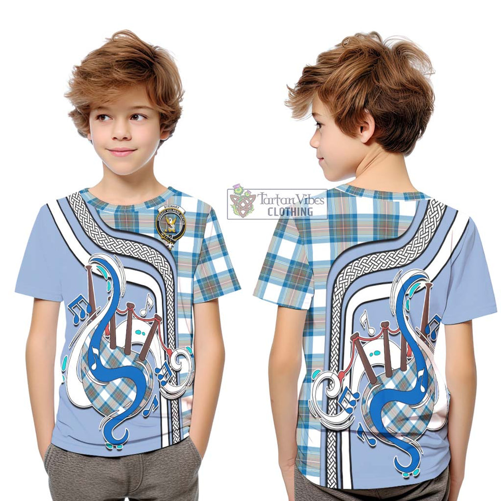 Tartan Vibes Clothing Stewart Muted Blue Tartan Kid T-Shirt with Epic Bagpipe Style