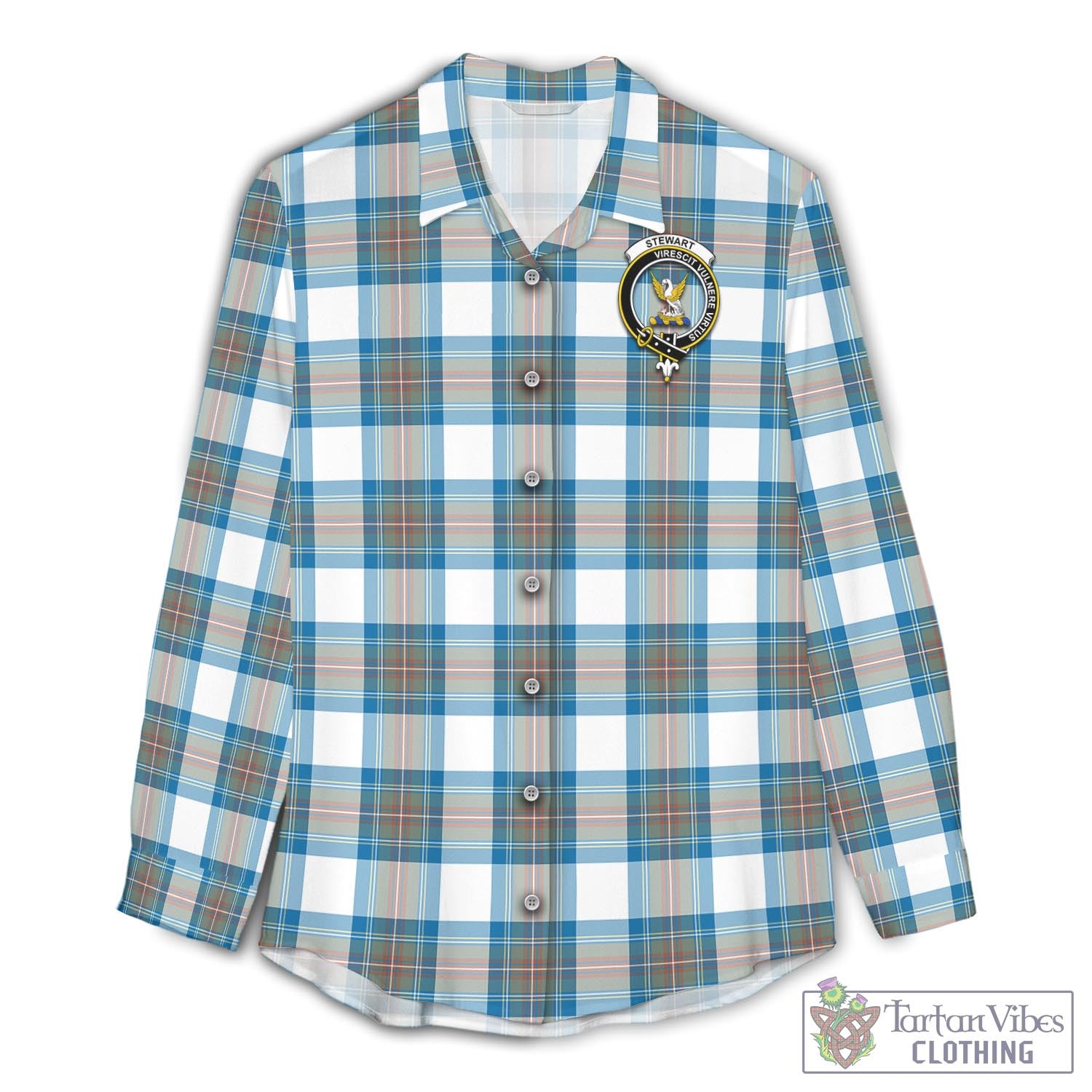 Tartan Vibes Clothing Stewart Muted Blue Tartan Womens Casual Shirt with Family Crest