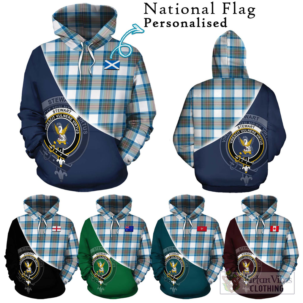 Stewart Muted Blue Tartan Hoodie with Personalised National Flag and Family Crest Half Style Zip Hoodie - Tartanvibesclothing Shop