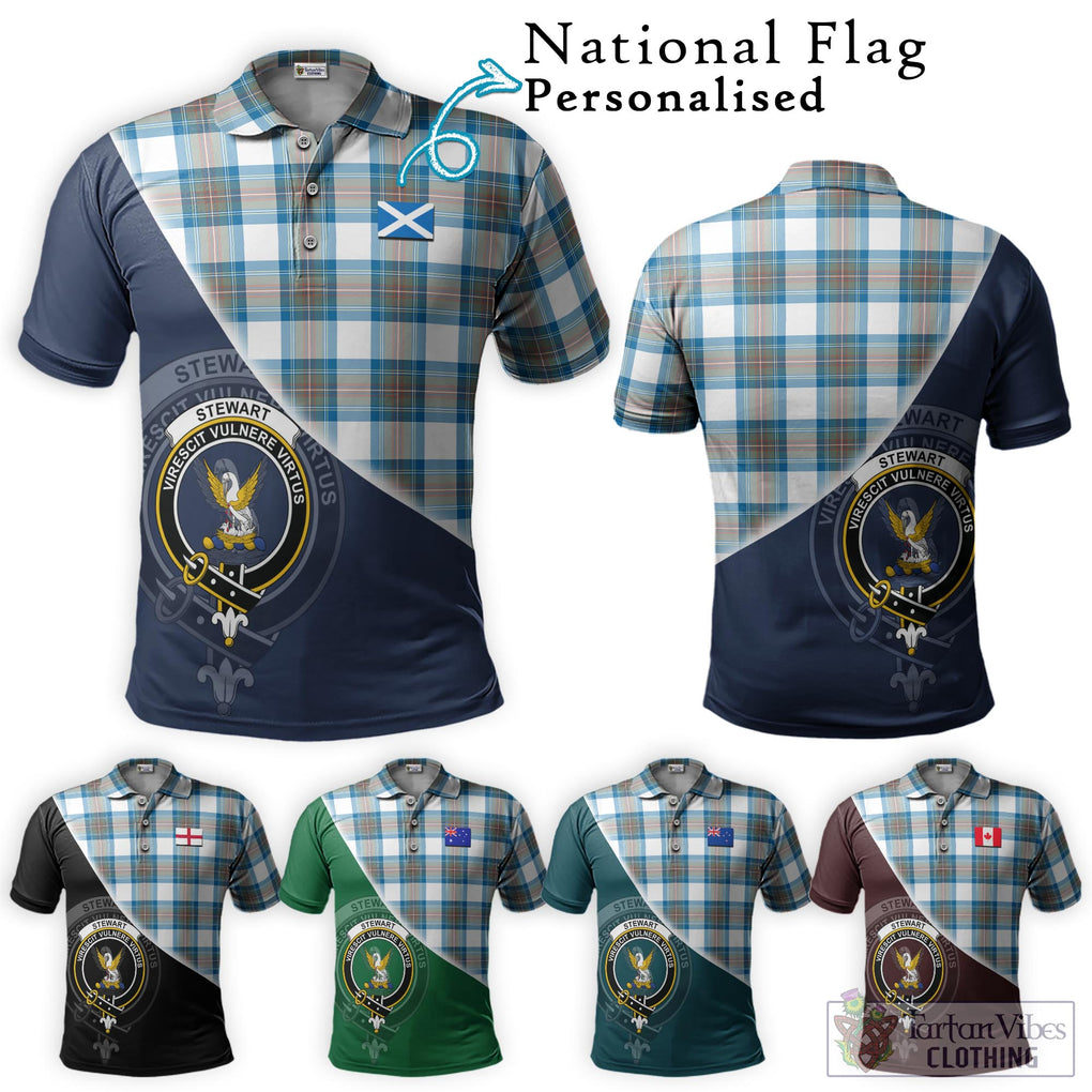 Stewart Muted Blue Tartan Polo Shirt with Personalised National Flag and Family Crest Half Style Maroon - Tartanvibesclothing Shop