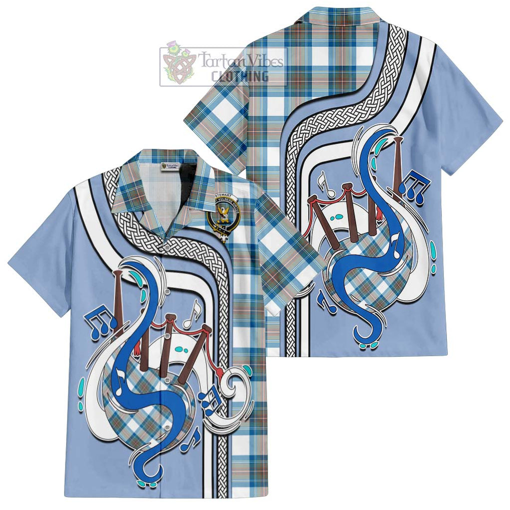 Stewart Muted Blue Tartan Short Sleeve Button Shirt with Epic Bagpipe Style Kid - Tartanvibesclothing Shop