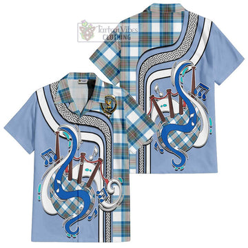 Stewart Muted Blue Tartan Short Sleeve Button Shirt with Epic Bagpipe Style