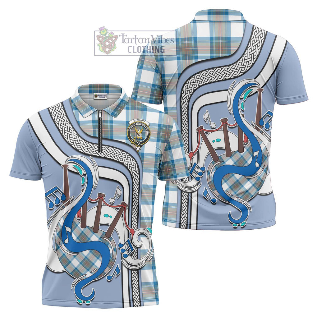 Stewart Muted Blue Tartan Zipper Polo Shirt with Epic Bagpipe Style Unisex - Tartanvibesclothing Shop