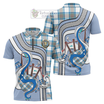 Stewart Muted Blue Tartan Zipper Polo Shirt with Epic Bagpipe Style