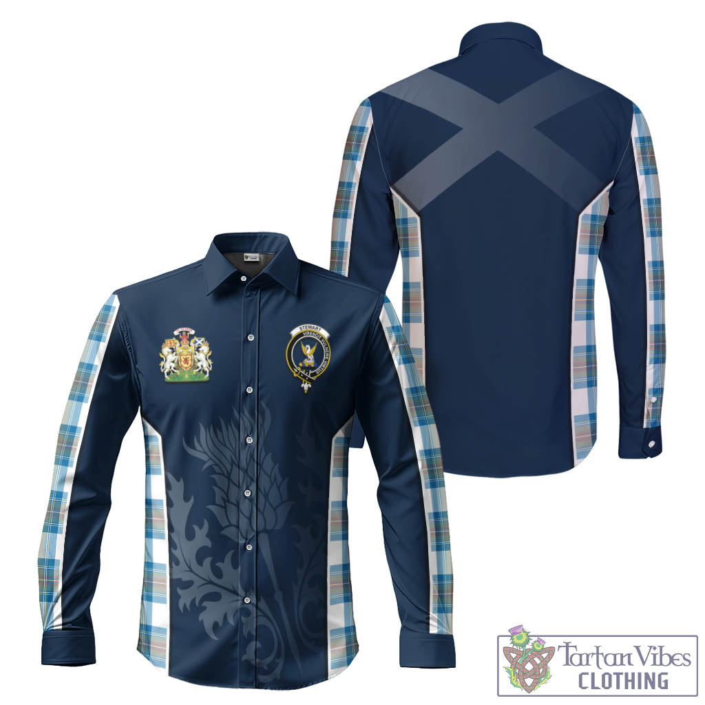 Tartan Vibes Clothing Stewart Muted Blue Tartan Long Sleeve Button Up Shirt with Family Crest and Scottish Thistle Vibes Sport Style