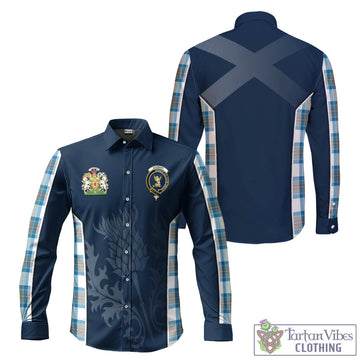 Stewart Muted Blue Tartan Long Sleeve Button Up Shirt with Family Crest and Scottish Thistle Vibes Sport Style