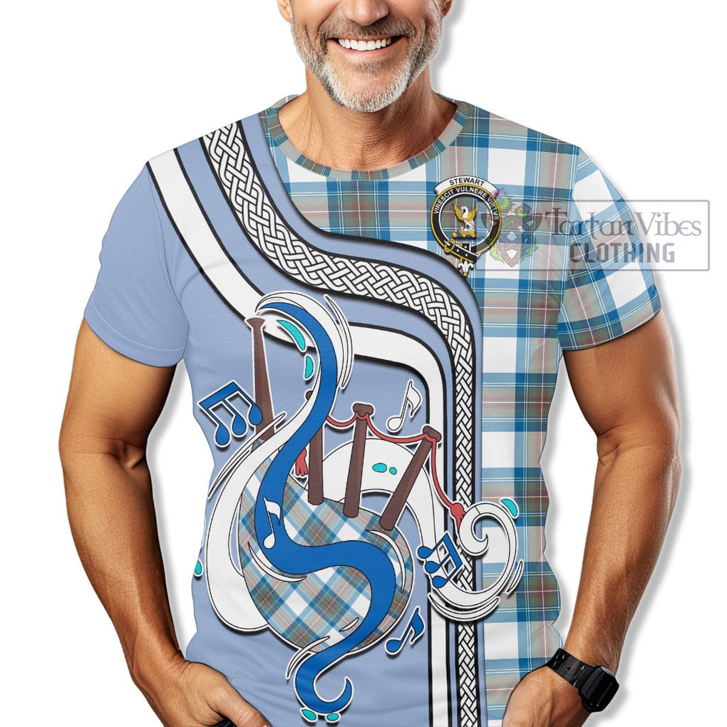 Stewart Muted Blue Tartan T-Shirt with Epic Bagpipe Style Kid's Shirt - Tartanvibesclothing Shop