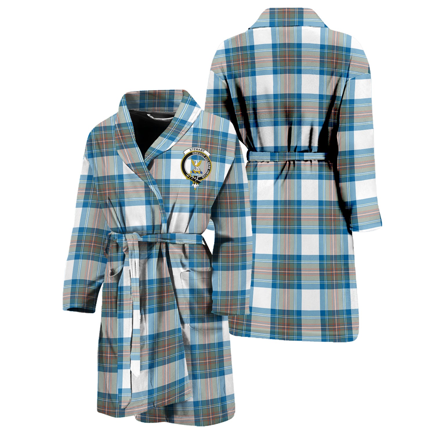 Stewart Muted Blue Tartan Bathrobe with Family Crest Unisex S - Tartan Vibes Clothing