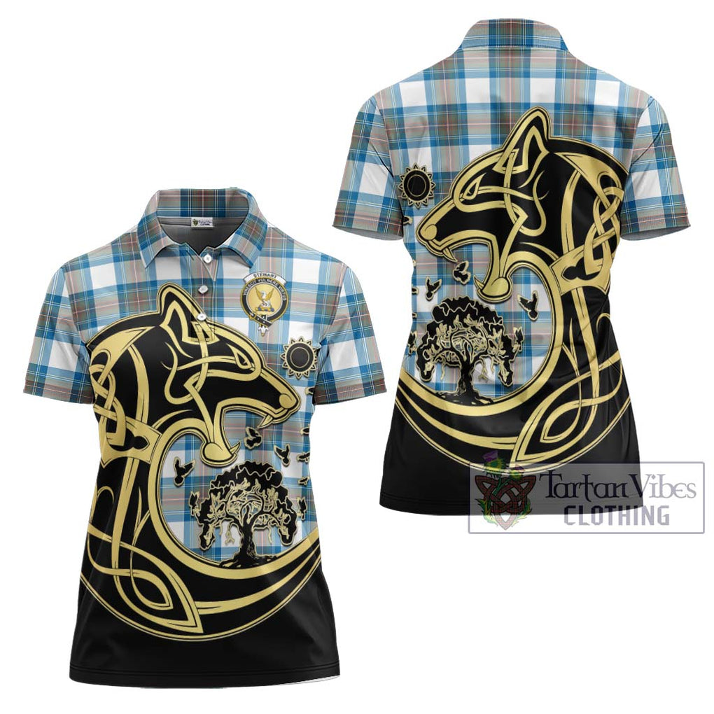 Stewart Muted Blue Tartan Women's Polo Shirt with Family Crest Celtic Wolf Style Women - Tartanvibesclothing Shop