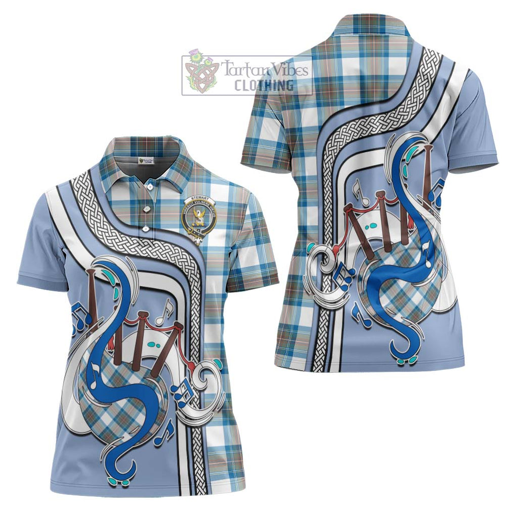 Stewart Muted Blue Tartan Women's Polo Shirt with Epic Bagpipe Style Women - Tartanvibesclothing Shop