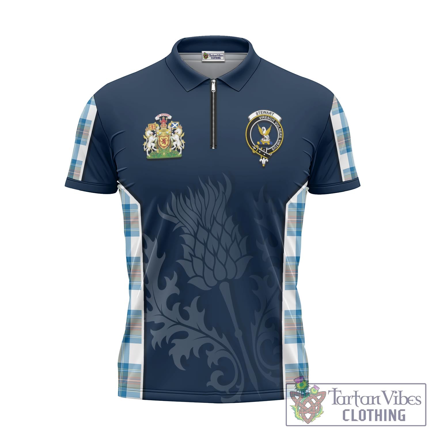 Tartan Vibes Clothing Stewart Muted Blue Tartan Zipper Polo Shirt with Family Crest and Scottish Thistle Vibes Sport Style