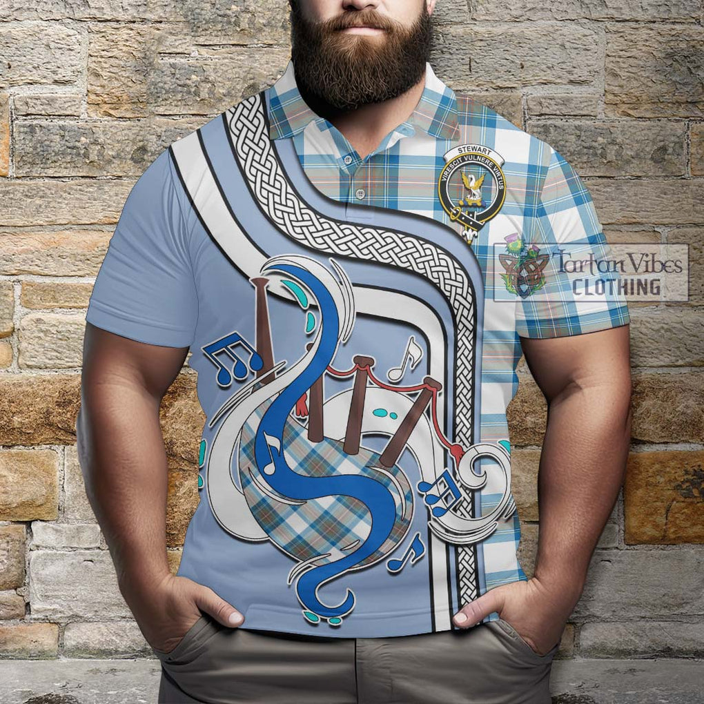 Tartan Vibes Clothing Stewart Muted Blue Tartan Polo Shirt with Epic Bagpipe Style