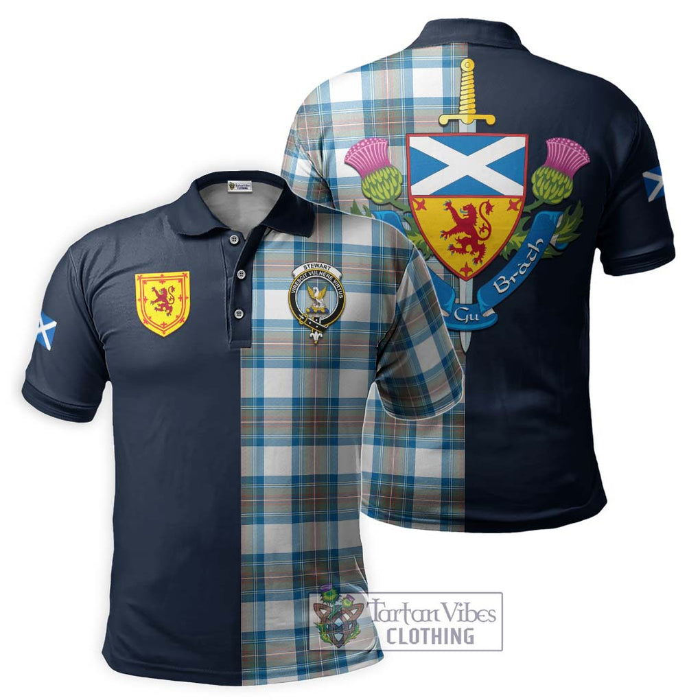 Tartan Vibes Clothing Stewart Muted Blue Tartan Polo Shirt with Scottish Lion Royal Arm Half Style