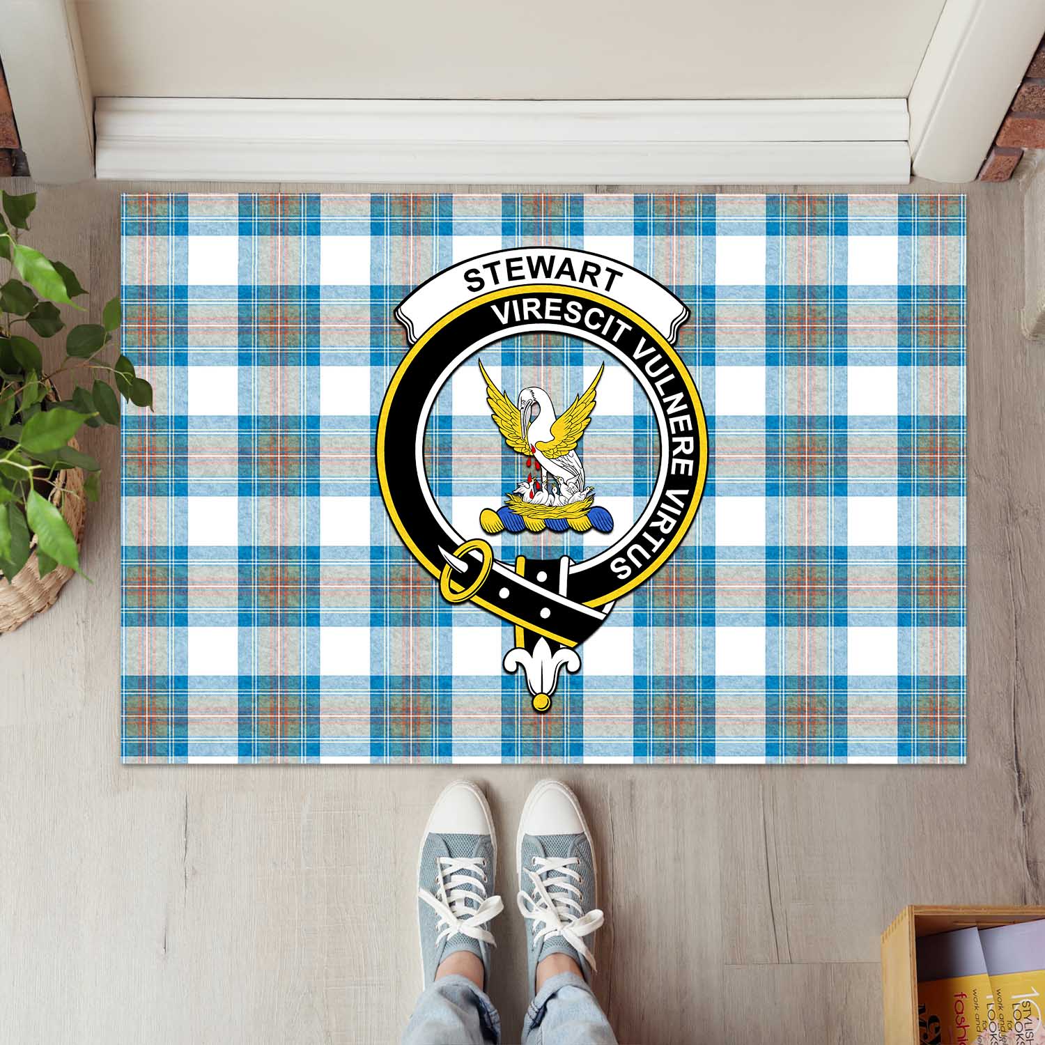 Stewart Muted Blue Tartan Door Mat with Family Crest - Tartanvibesclothing Shop