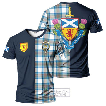 Stewart Muted Blue Tartan T-Shirt Alba with Scottish Lion Royal Arm Half Style