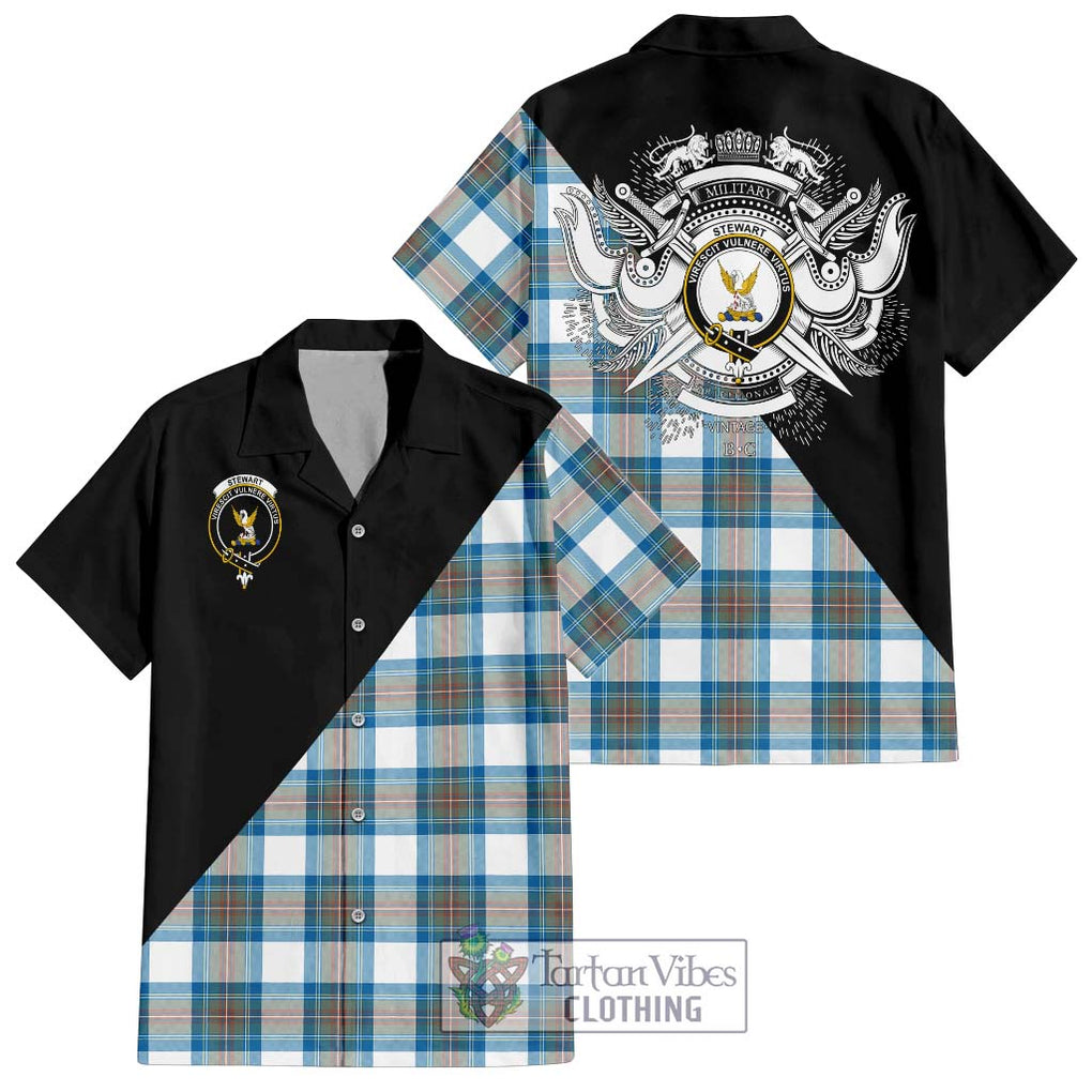 Stewart Muted Blue Tartan Short Sleeve Button Shirt with Family Crest and Military Logo Style Kid - Tartanvibesclothing Shop