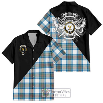 Stewart Muted Blue Tartan Short Sleeve Button Shirt with Family Crest and Military Logo Style