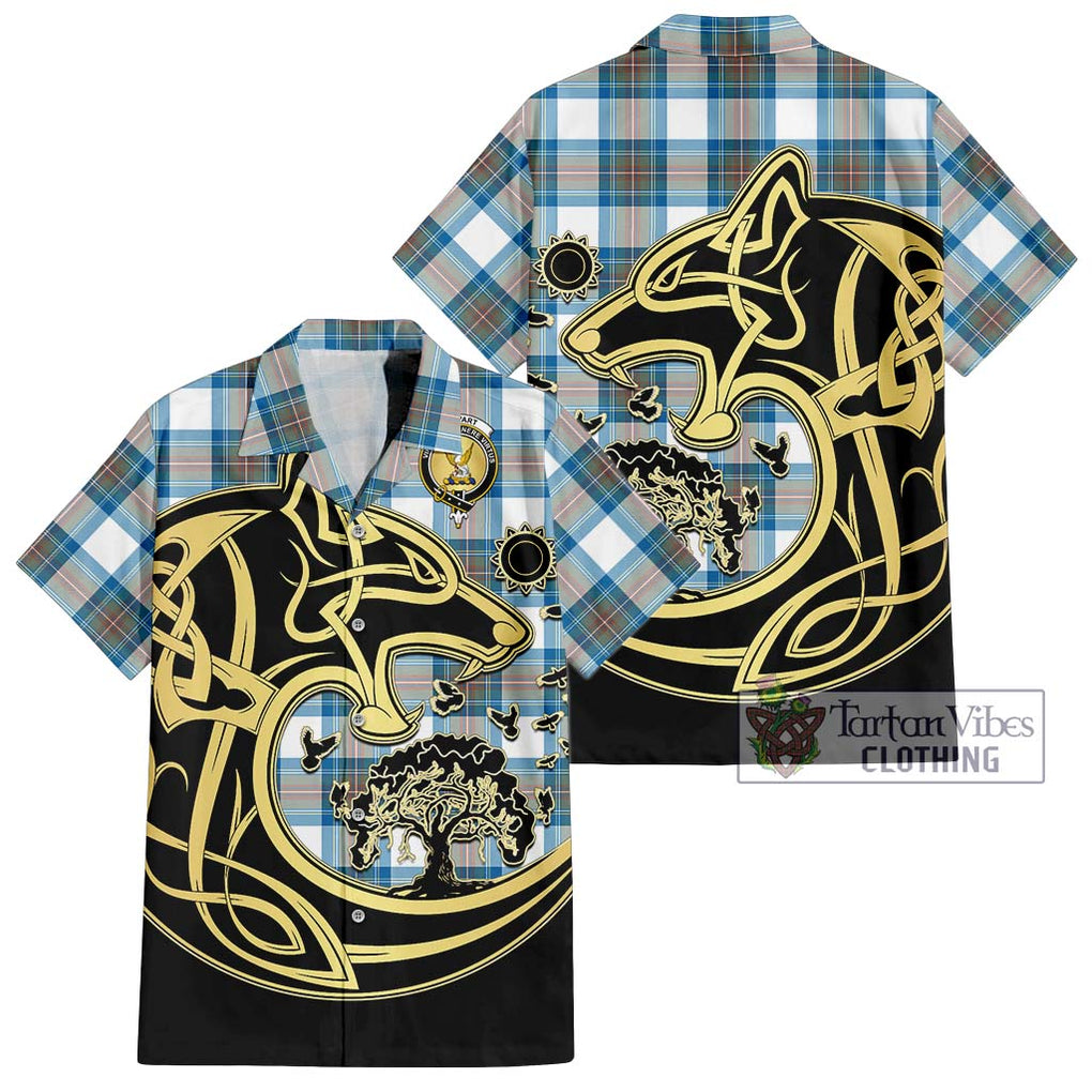 Stewart Muted Blue Tartan Short Sleeve Button Shirt with Family Crest Celtic Wolf Style Kid - Tartan Vibes Clothing