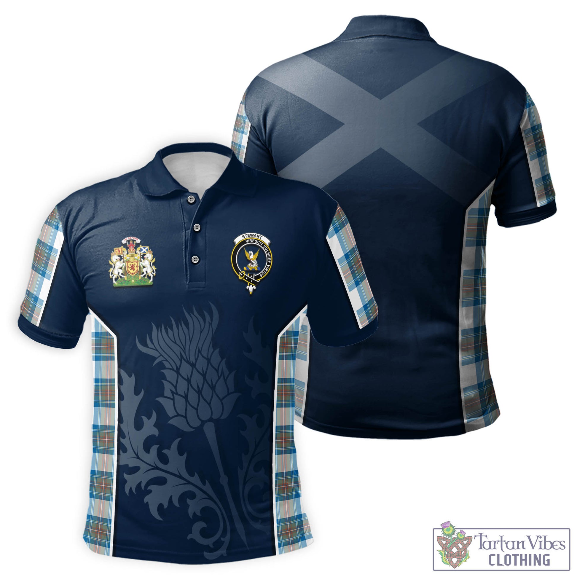 Tartan Vibes Clothing Stewart Muted Blue Tartan Men's Polo Shirt with Family Crest and Scottish Thistle Vibes Sport Style