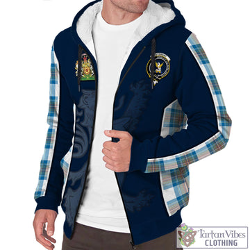 Stewart Muted Blue Tartan Sherpa Hoodie with Family Crest and Lion Rampant Vibes Sport Style