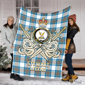 Stewart Muted Blue Tartan Blanket with Clan Crest and the Golden Sword of Courageous Legacy