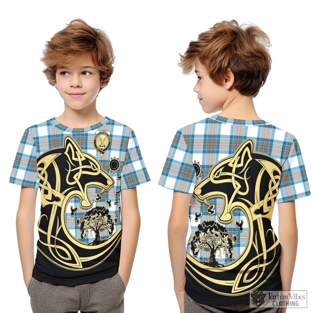 Stewart Muted Blue Tartan Kid T-Shirt with Family Crest Celtic Wolf Style Youth XL Size14 - Tartan Vibes Clothing