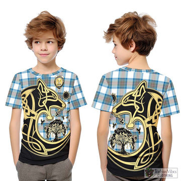 Stewart Muted Blue Tartan Kid T-Shirt with Family Crest Celtic Wolf Style