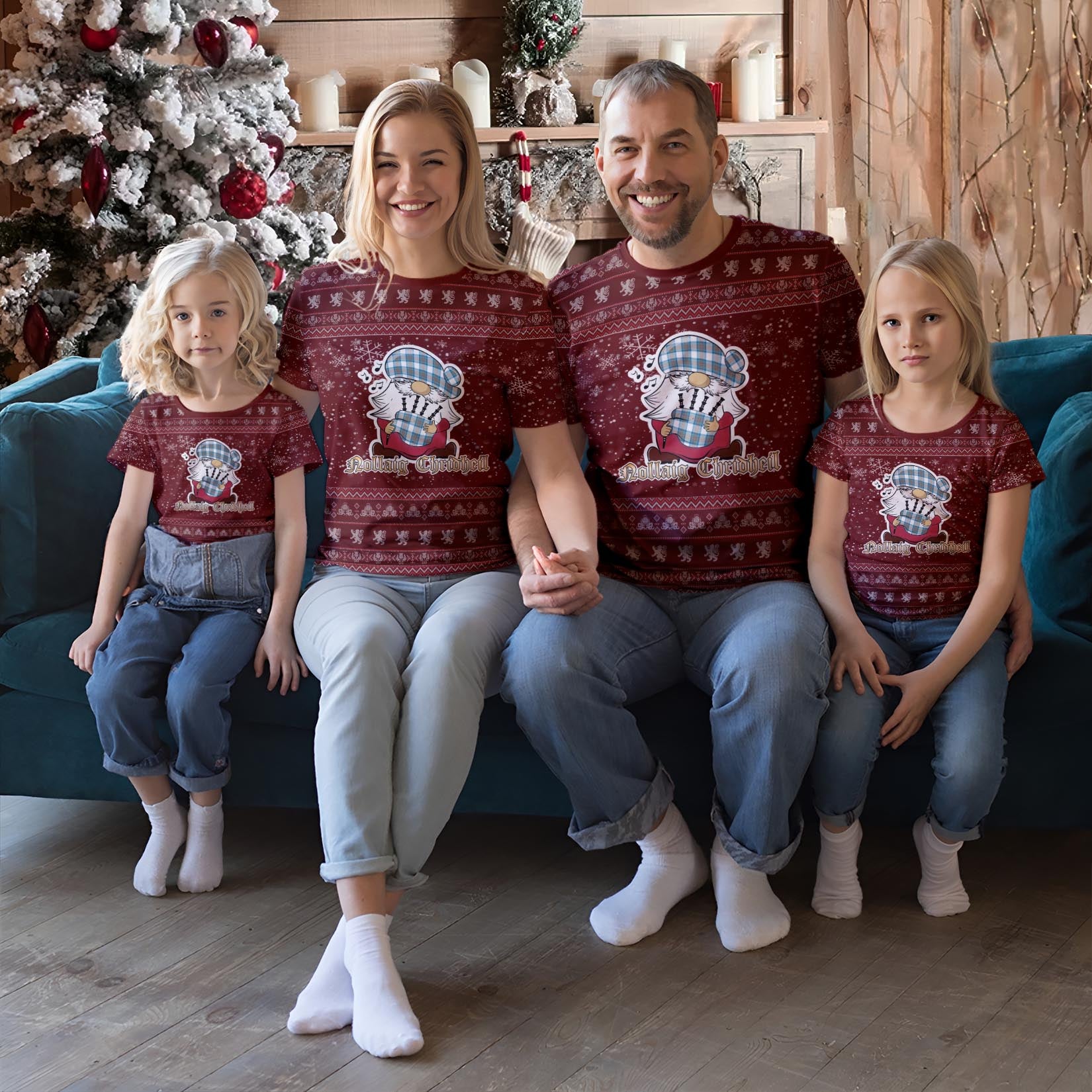 Stewart Muted Blue Clan Christmas Family T-Shirt with Funny Gnome Playing Bagpipes Red - Tartanvibesclothing